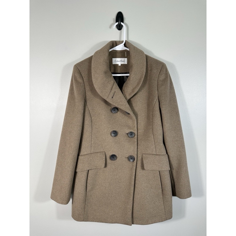 Calvin Klein Pea Coat Womens 4 Tan Double‎ Breasted Wool Blend Classic